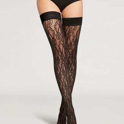 Wolford REESE NET Stay Ups Stockings Thigh High BLACK GRAY Large L